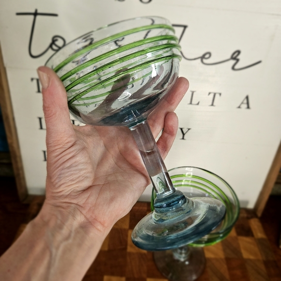 Handblown Blue & Green Swirl Margarita Glasses Set Of Two - Picture 9 of 11